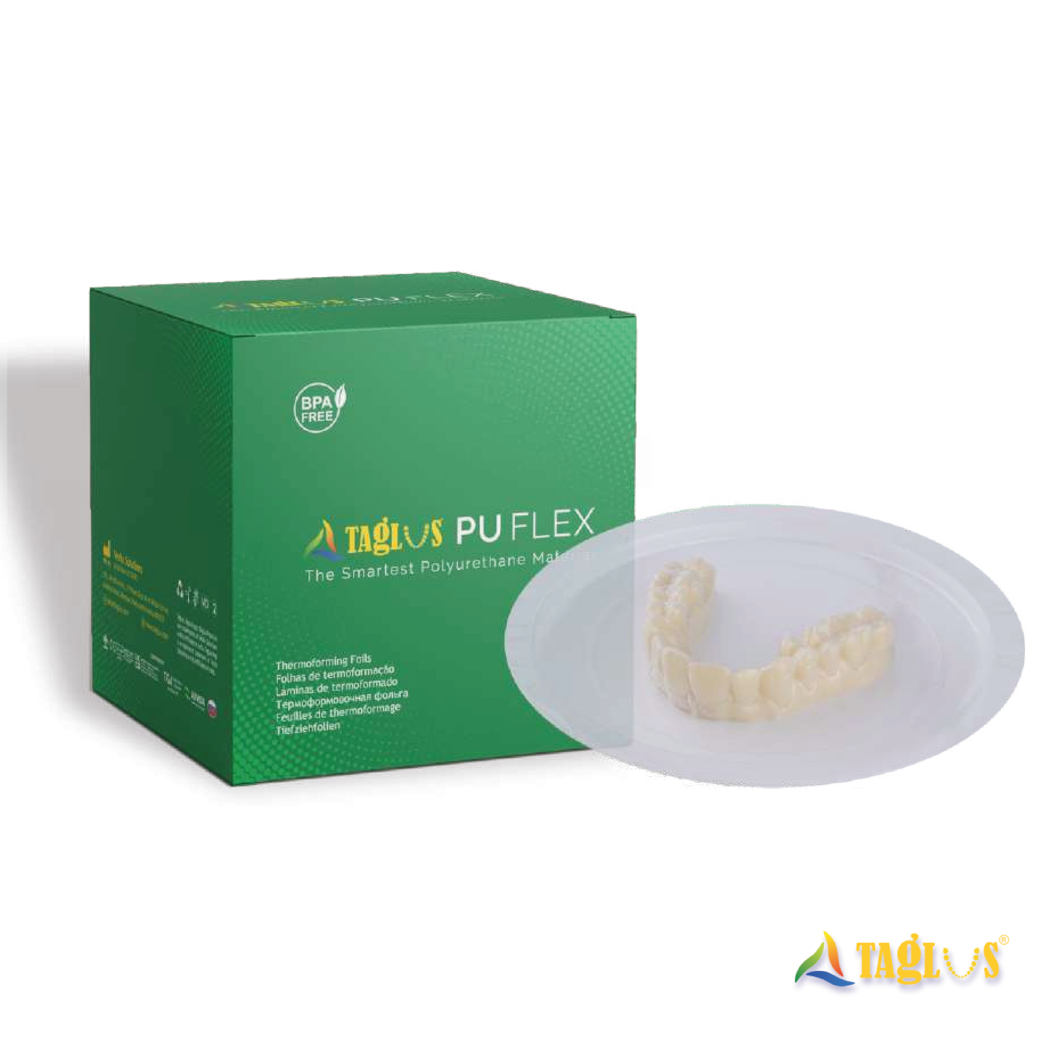 Taglus PU Flex orthodontics Clear Aligner & Retainer thermoforming sheets and 3D Printing Resins.