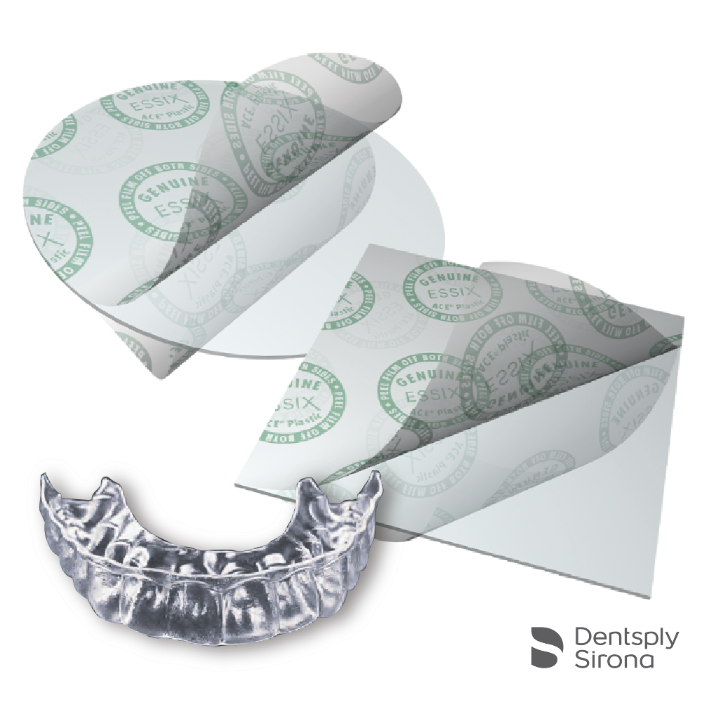 Clear retainers made from Dentsply Sirona Essix® ACE® Plastic. Primary use: Aligners & Retainers. Savaria-Dent